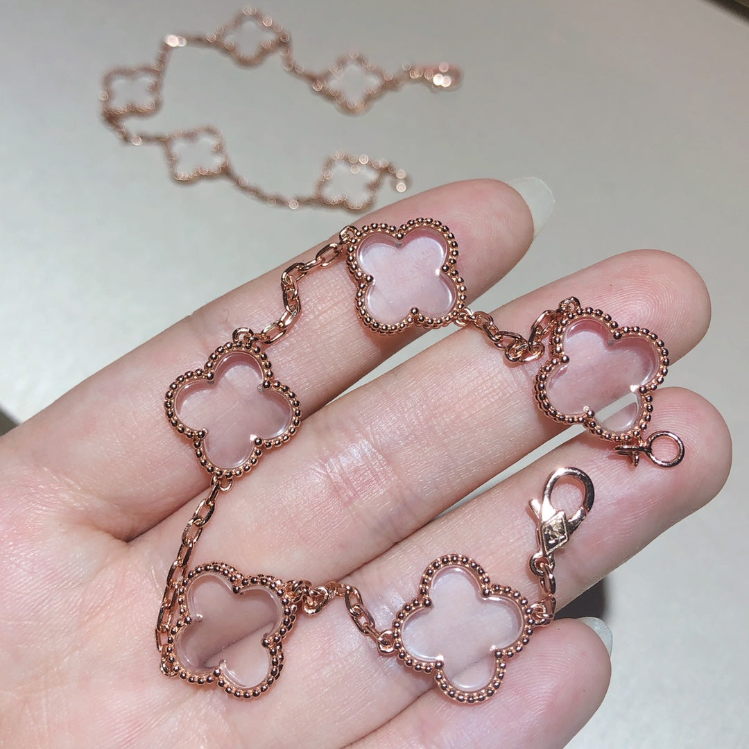 [Grace Jewelry]CLOVER 5 MOTIF ROCK CRYSTAL PINK GOLD BRACELET