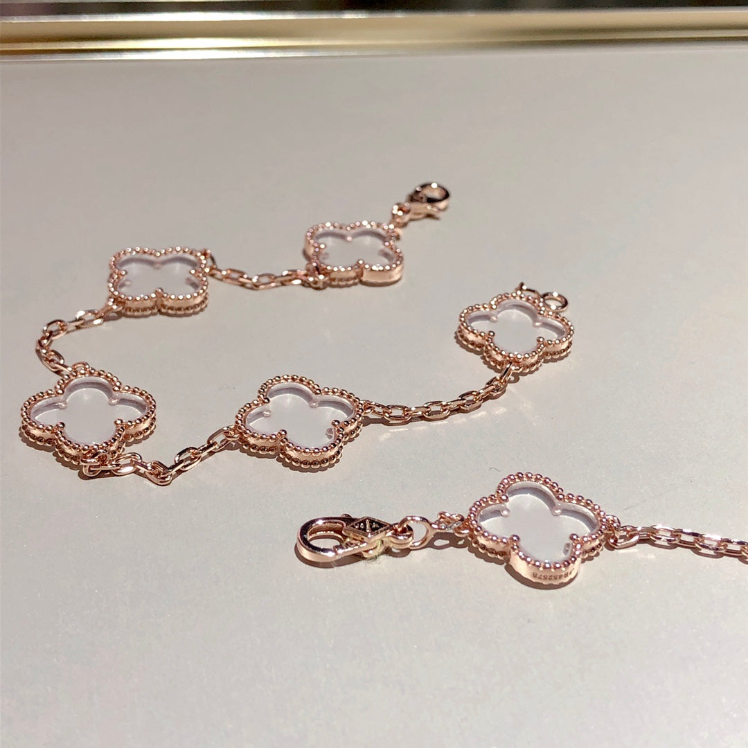 [Grace Jewelry]CLOVER 5 MOTIF ROCK CRYSTAL PINK GOLD BRACELET