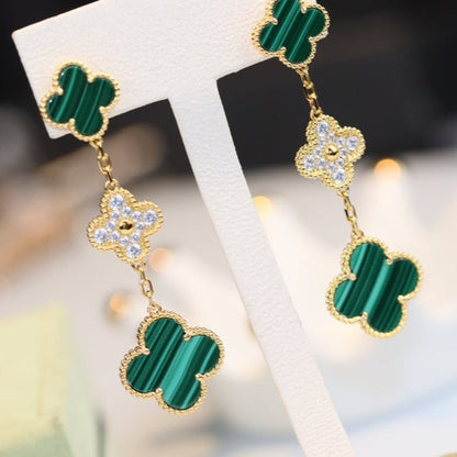 [Grace Jewelry]CLOVER EARRINGS GOLD MALACHITE DIAMOND 3 MOTIF