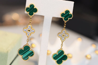 [Grace Jewelry]CLOVER EARRINGS GOLD MALACHITE DIAMOND 3 MOTIF