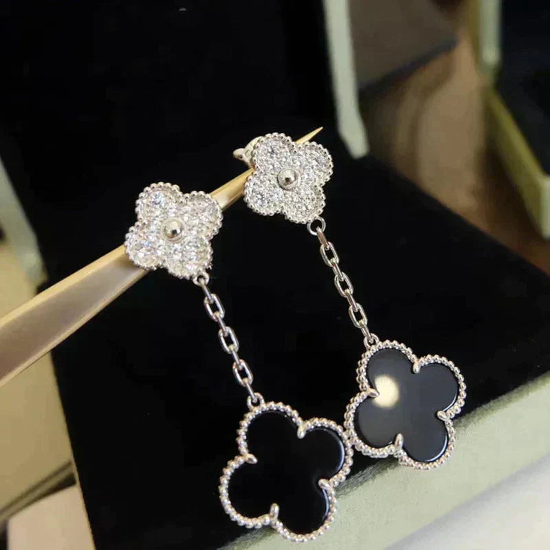 [Grace Jewelry]CLOVER 2 MOTIFS  DIAMOND ONYX EARRINGS SILVER