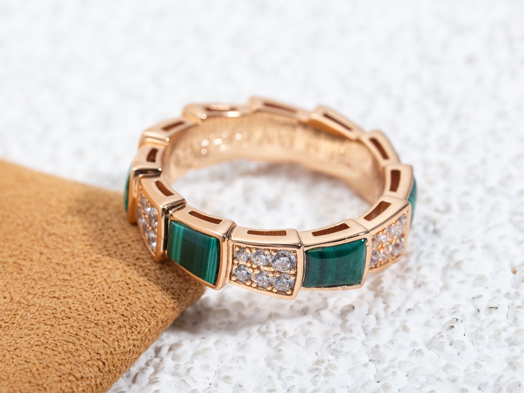 [Grace Jewelry]SERPENTI RING PINK GOLD MALACHITE DIAMOND PAVED 4MM