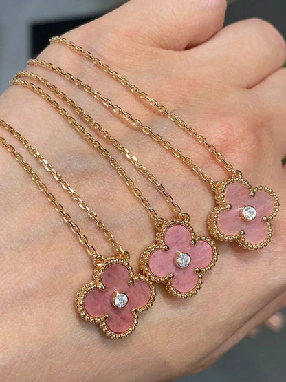 [Grace Jewelry]CLOVER 15MM DIAMOND RHODONITE NECKLACE