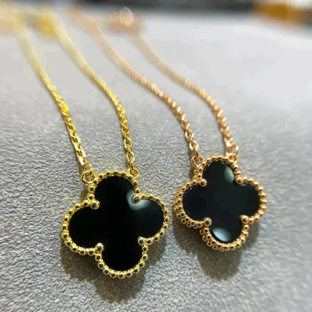 [Grace Jewelry]CLOVER 15MM BLACK ONYX SINGLE FLOWER NECKLACE