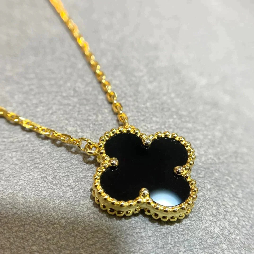 [Grace Jewelry]CLOVER 15MM BLACK ONYX SINGLE FLOWER NECKLACE