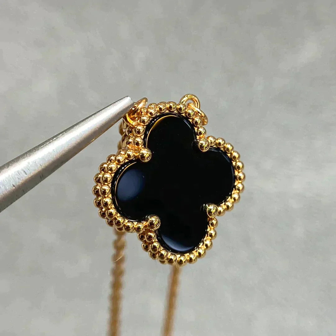 [Grace Jewelry]CLOVER 15MM BLACK ONYX SINGLE FLOWER NECKLACE