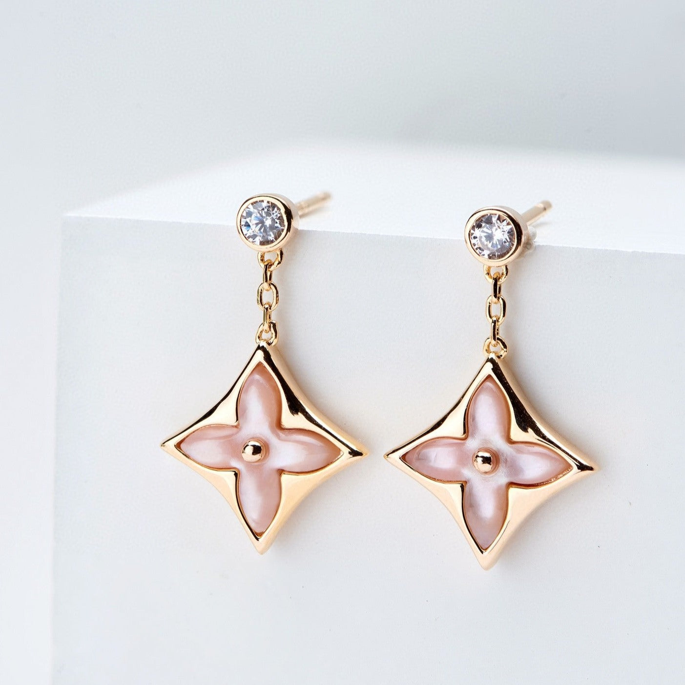 [Grace Jewelry]DOUBLE STAR PINK GOLD MOP DROP EARRINGS