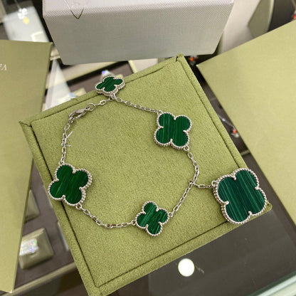 [Grace Jewelry]CLOVER 5 MOTIFS SIVLER MALACHITE BRACELET