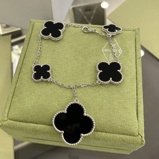 [Grace Jewelry]CLOVER 5 MOTIFS SIVLER ONYX BRACELET