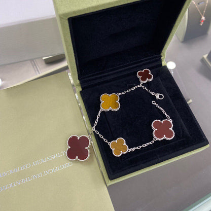 [Grace Jewelry]CLOVER 5 MOTIFS SIVLER CARNELIAN TIGER EYE BRACELET