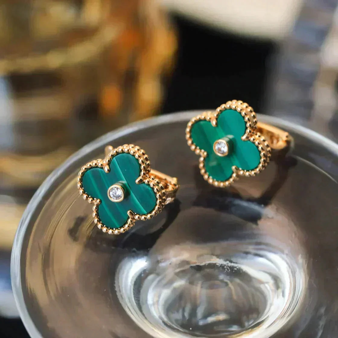 [Grace Jewelry]CLOVER MEDIUM 1 MOTIFS MALACHITE DIAMOND EARRINGS