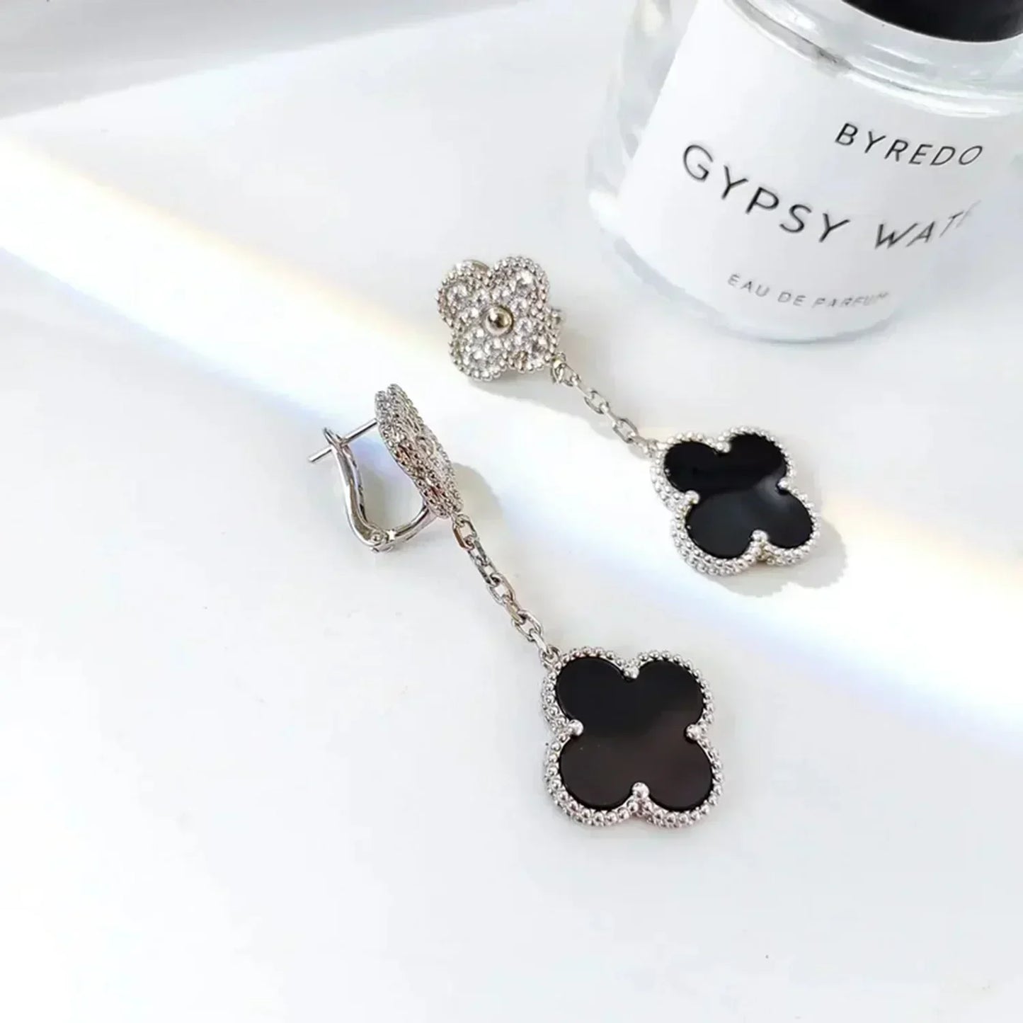 [Grace Jewelry]CLOVER 2 MOTIFS  DIAMOND ONYX EARRINGS SILVER