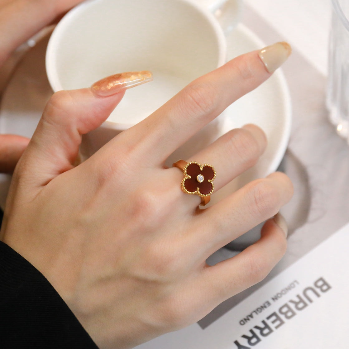 [Grace Jewelry]CLOVER CARNELIAN RING ROSE GOLD DIAMOND