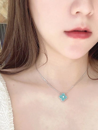 [Grace Jewelry]CLOVER 1 DIAMOND LIGHT BLUE SILVER NECKLACE