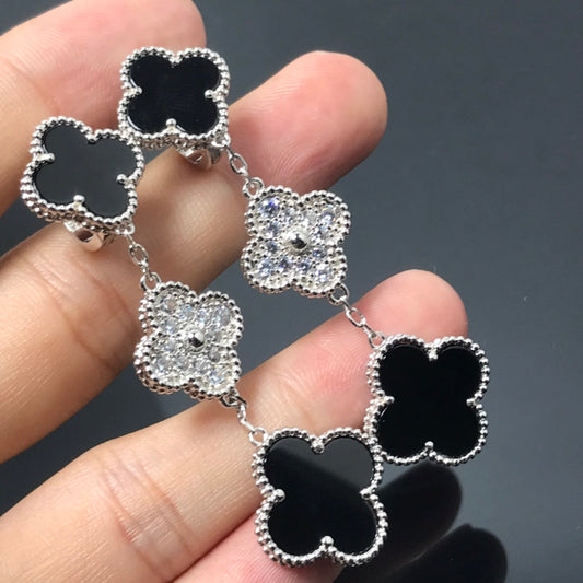 [Grace Jewelry]CLOVER 3 MOTIF DIAMOND ONYX SILVER EARRINGS