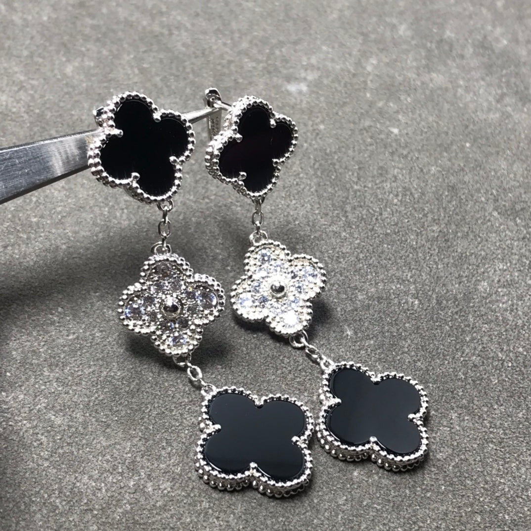 [Grace Jewelry]CLOVER 3 MOTIF DIAMOND ONYX SILVER EARRINGS