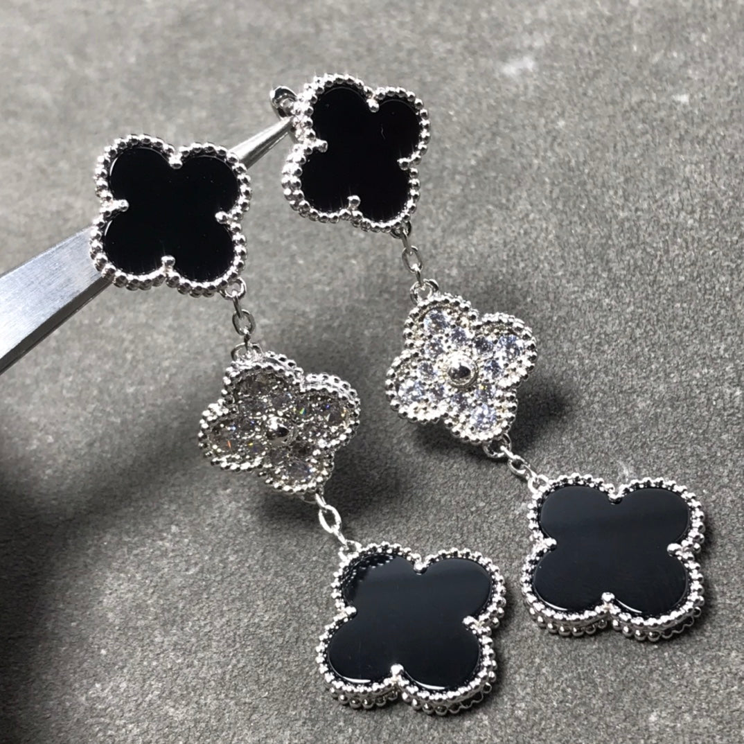 [Grace Jewelry]CLOVER 3 MOTIF DIAMOND ONYX SILVER EARRINGS