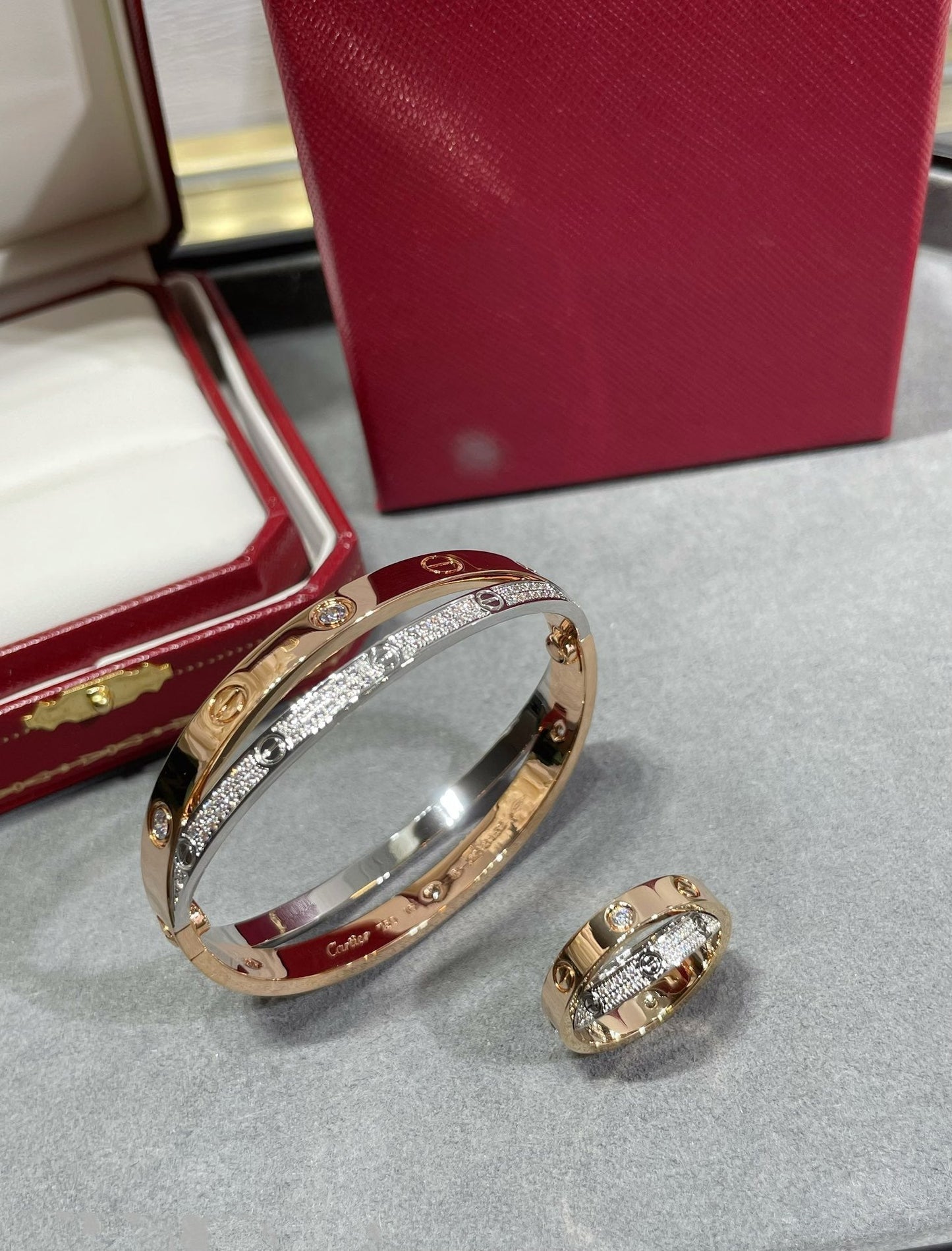 [Grace Jewelry]LOVE PINK GOLD SILVER DIAMOND DOUBLE RING