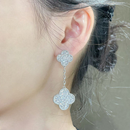 [Grace Jewelry]CLOVER 2 MOTIFS DIAMOND PAVED SILVER EARRINGS