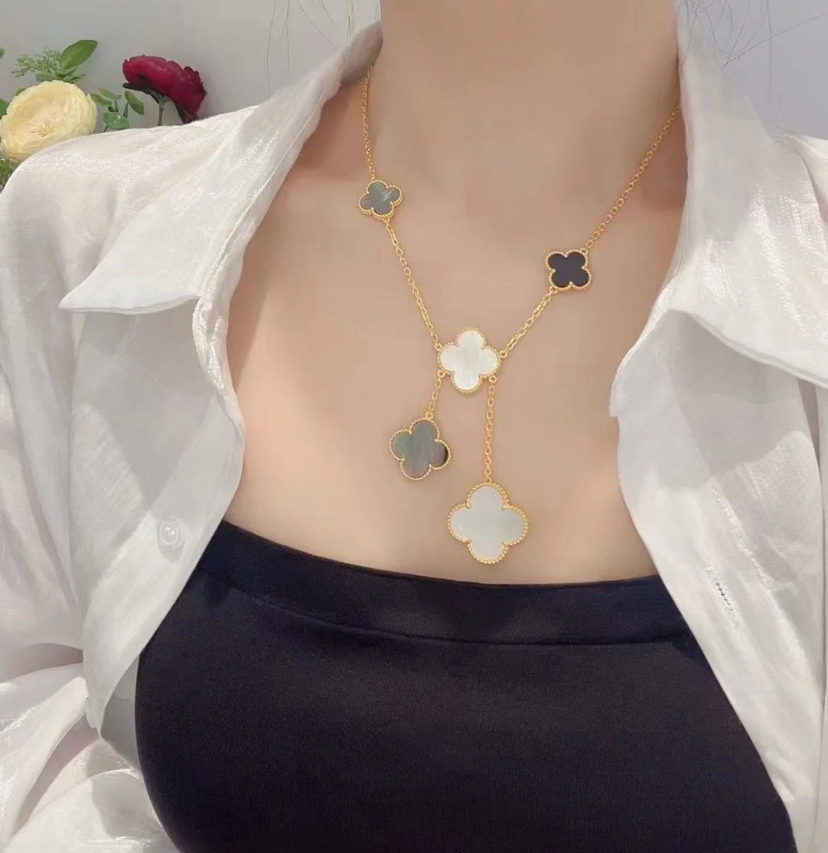 [Grace Jewelry]CLOVER 6 MOTIF MOP ONYX GOLD NECKLACE