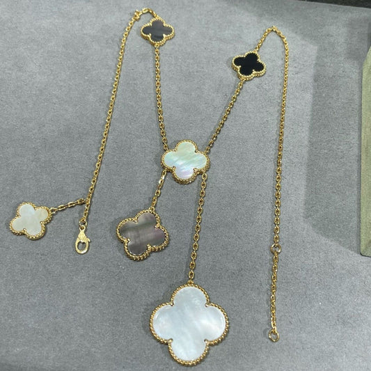 [Grace Jewelry]CLOVER 6 MOTIF MOP ONYX GOLD NECKLACE