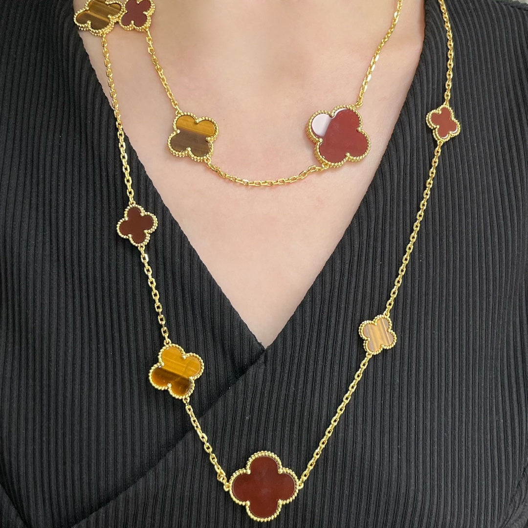 [Grace Jewelry]CLOVER 16 MOTIF CARNELIAN TIGER EYE ROSE GOLD NECKLACE