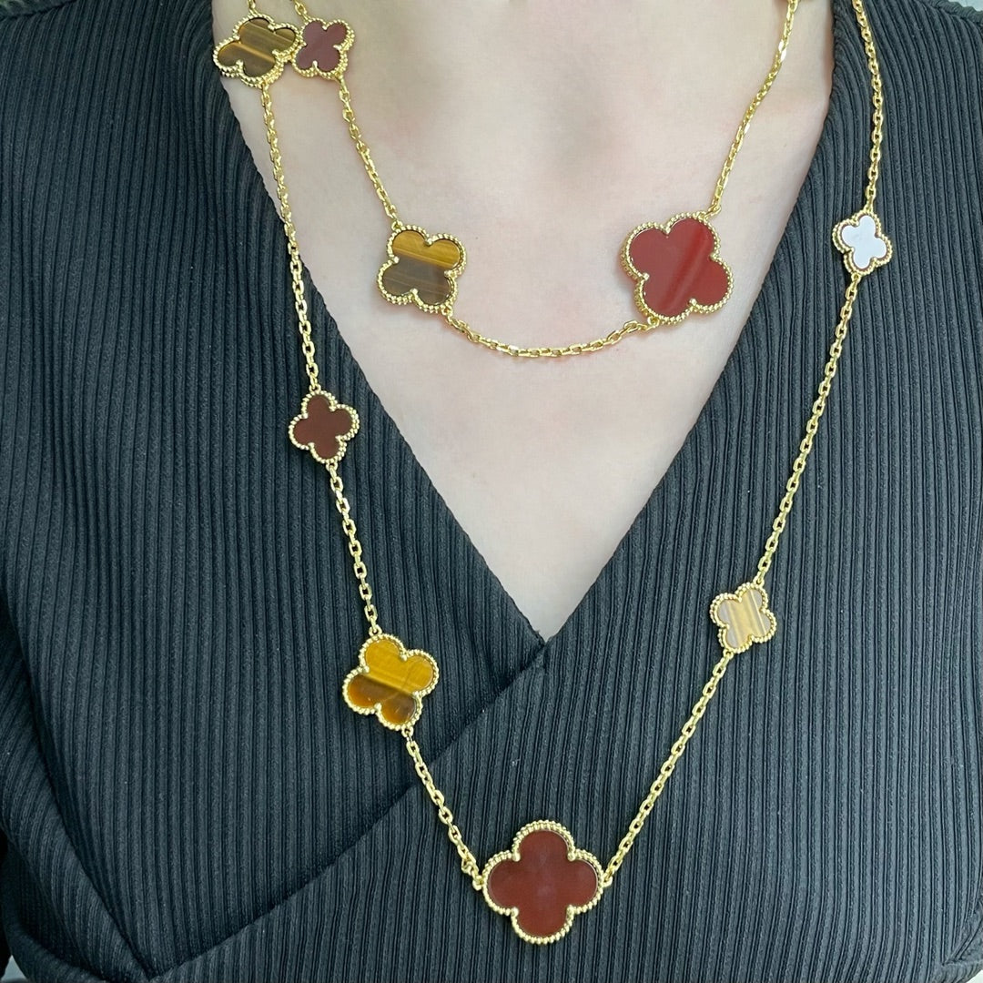 [Grace Jewelry]CLOVER 16 MOTIF CARNELIAN TIGER EYE ROSE GOLD NECKLACE