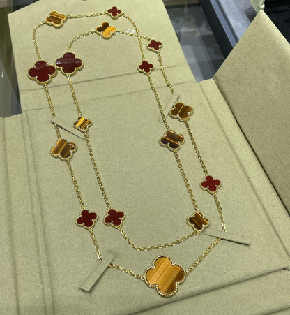 [Grace Jewelry]CLOVER 16 MOTIF CARNELIAN TIGER EYE ROSE GOLD NECKLACE