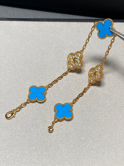 [Grace Jewelry]CLOVER 5 MOTIF BLUE CHALCEDONY DIAMOND GOLD BRACELET