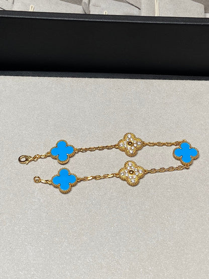 [Grace Jewelry]CLOVER 5 MOTIF BLUE CHALCEDONY DIAMOND GOLD BRACELET