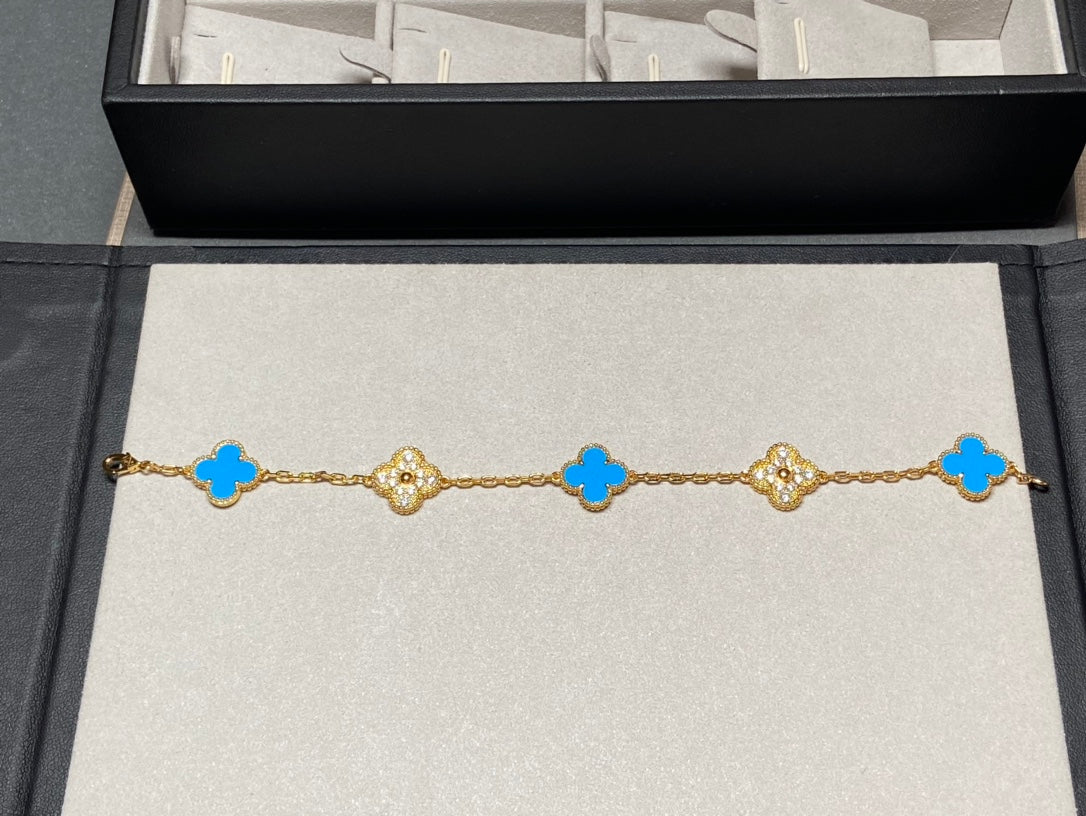 [Grace Jewelry]CLOVER 5 MOTIF BLUE CHALCEDONY DIAMOND GOLD BRACELET