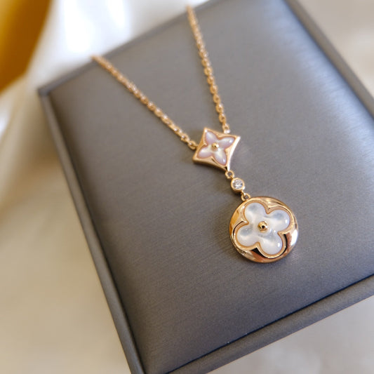 [Grace Jewelry]STAR AND SUN WHITE MOP 2 MOTIF PINK GOLD NECKLACE