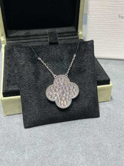 [Grace Jewelry]CLOVER 25MM LARGE PENDANT DIAMOND PAVED SILVER NECKLACE