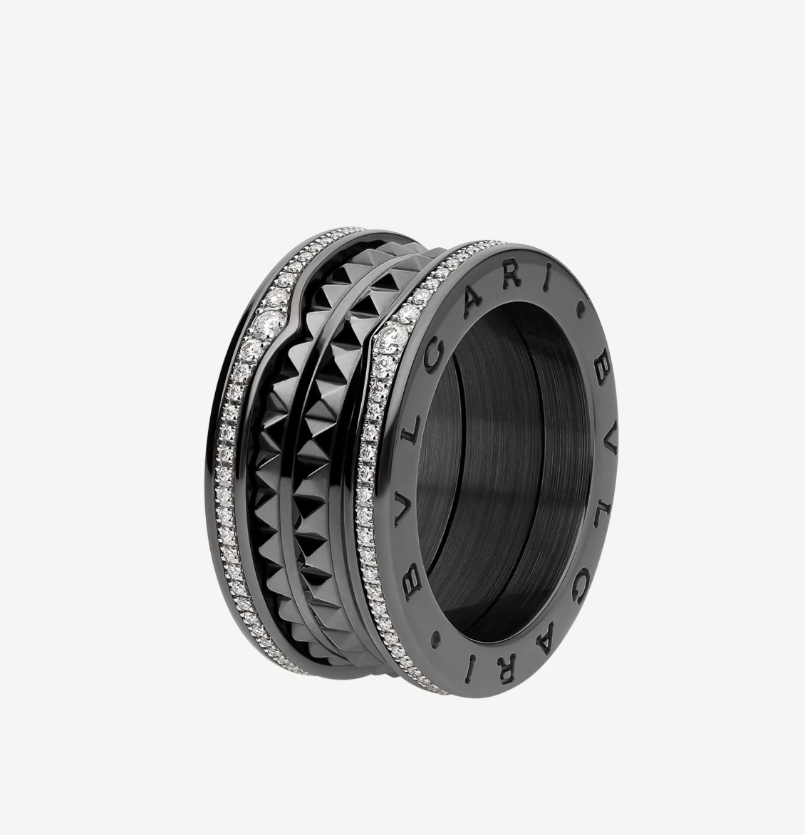 [Grace Jewelry]ZERO 1 ROCK FOUR-BAND BLACK CERAMIC WITH STUDDED SPIRAL AND PAVED DIAMONDS RING