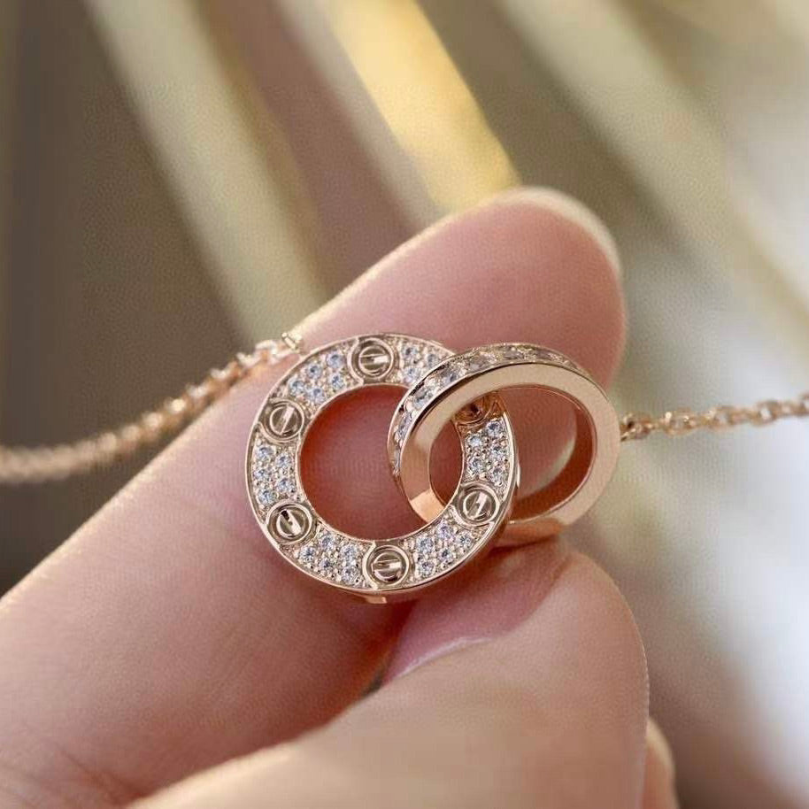 [Grace Jewelry]LOVE 7.6MM NECKLACE ROSE GOLD AND SILVER  FULL DIAMOND