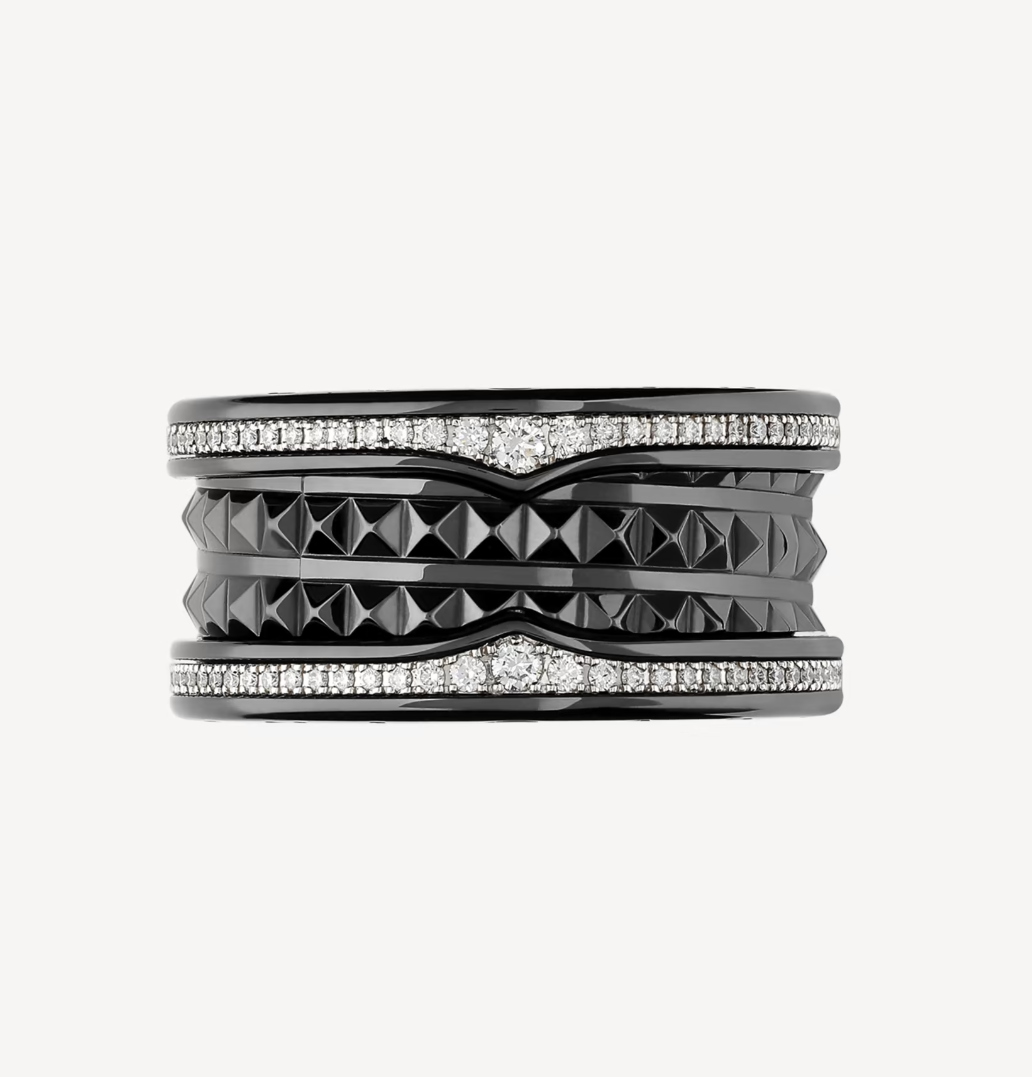 [Grace Jewelry]ZERO 1 ROCK FOUR-BAND BLACK CERAMIC WITH STUDDED SPIRAL AND PAVED DIAMONDS RING