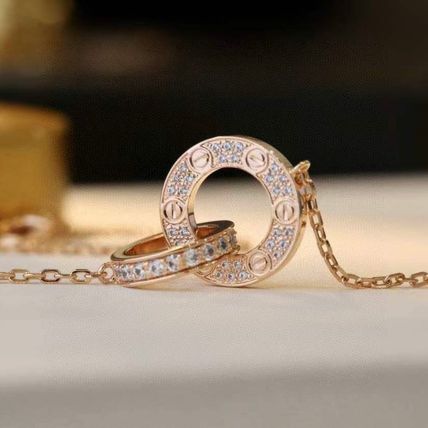 [Grace Jewelry]LOVE 7.6MM NECKLACE ROSE GOLD AND SILVER  FULL DIAMOND