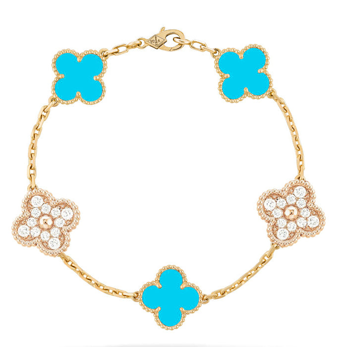 [Grace Jewelry]CLOVER 5 MOTIF TURQUOISE DIAMOND GOLD BRACELET