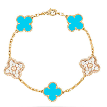 [Grace Jewelry]CLOVER 5 MOTIF TURQUOISE DIAMOND GOLD BRACELET