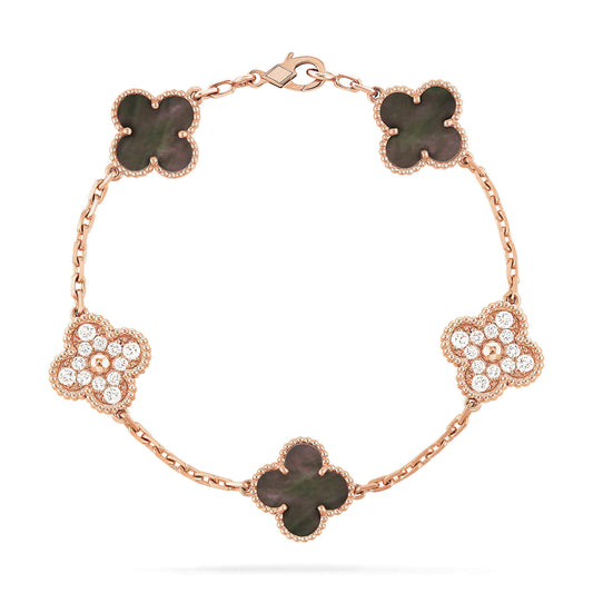 [Grace Jewelry]CLOVER 5 MOTIFS DARK MOP AND DIAMONDS PINK GOLD BRACELET