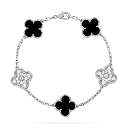 [Grace Jewelry]CLOVER 5 MOTIF ONYXS DIAMOND BRACELET SILVER