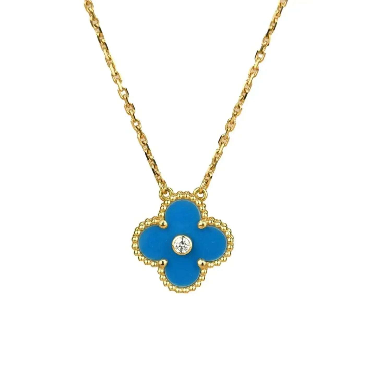 [Grace Jewelry]CLOVER 15MM DIAMOND AND BLUE AGATE NECKLACE