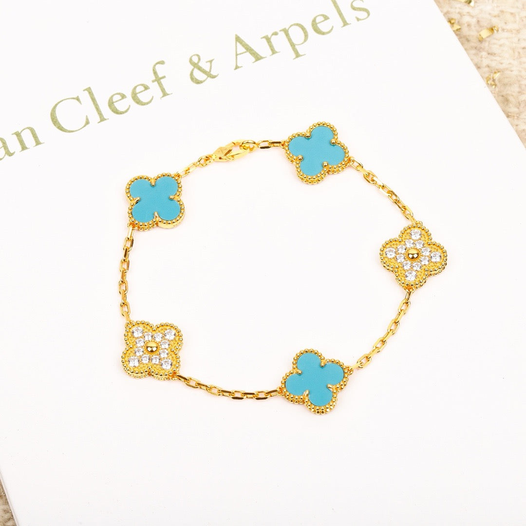 [Grace Jewelry]CLOVER 5 MOTIF TURQUOISE DIAMOND GOLD BRACELET