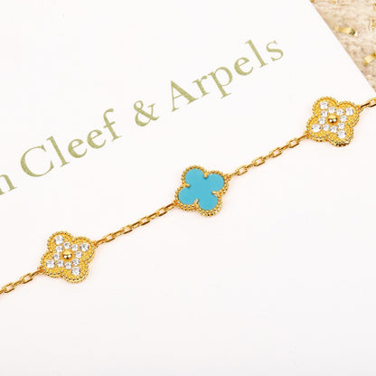 [Grace Jewelry]CLOVER 5 MOTIF TURQUOISE DIAMOND GOLD BRACELET