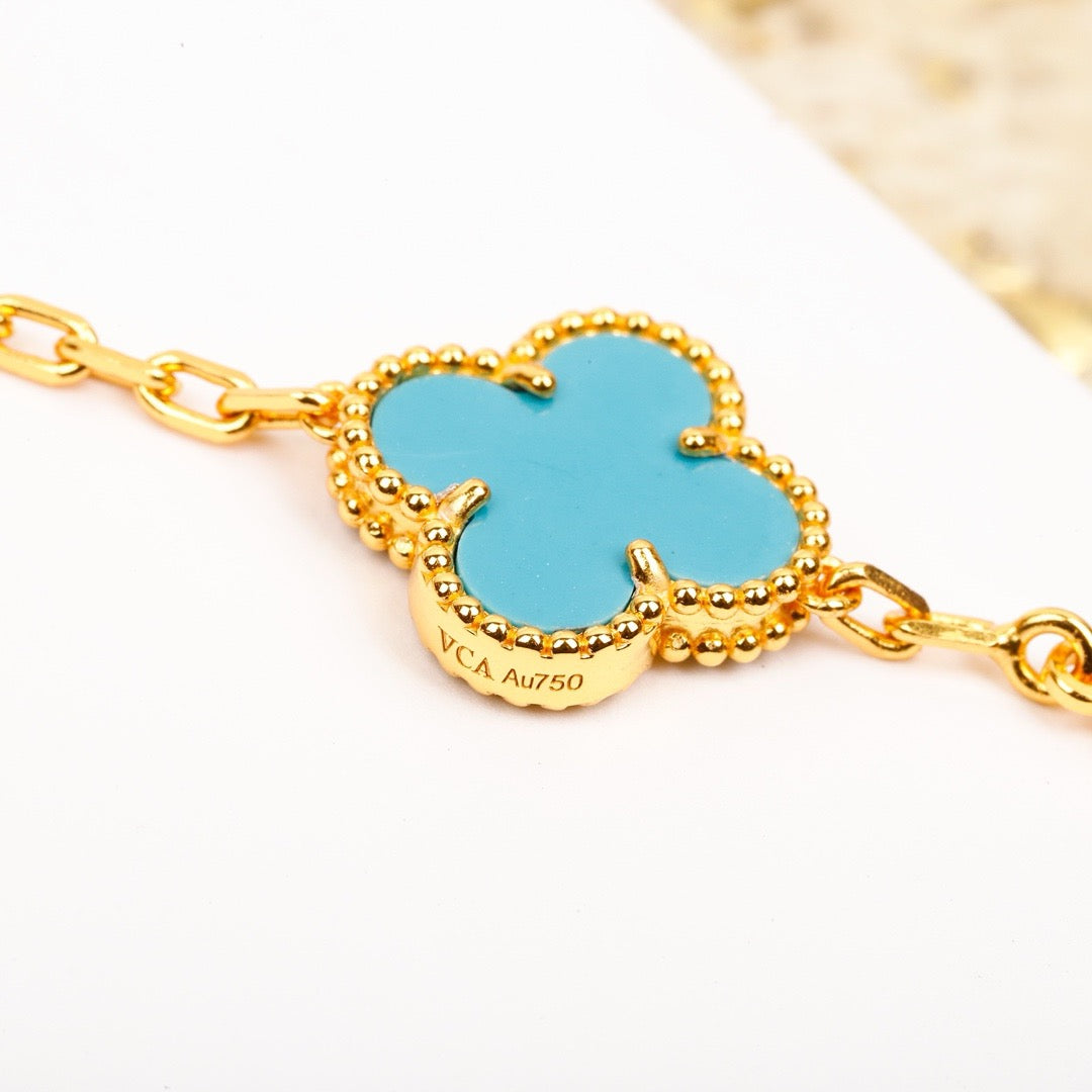 [Grace Jewelry]CLOVER 5 MOTIF TURQUOISE DIAMOND GOLD BRACELET