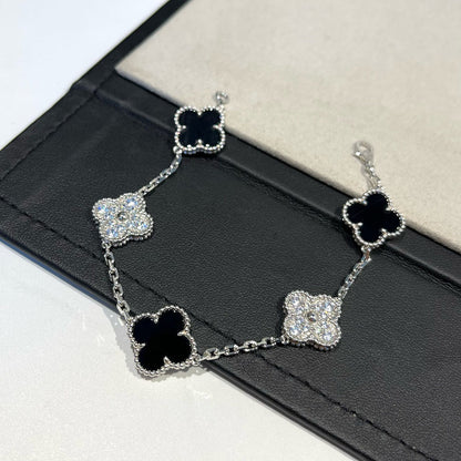 [Grace Jewelry]CLOVER 5 MOTIF ONYXS DIAMOND BRACELET SILVER