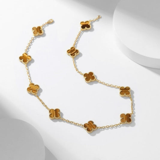 [Grace Jewelry]CLOVER 10 MOTIFS TIGER EYE NECKLACE