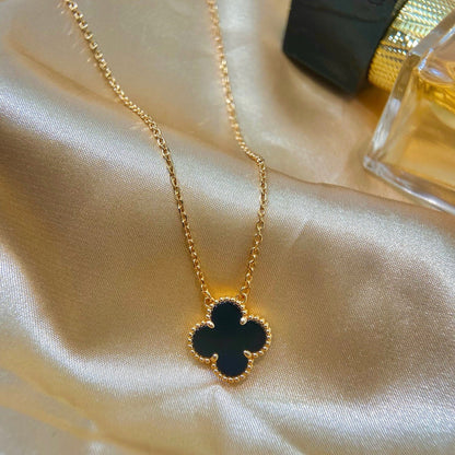 [Grace Jewelry]CLOVER 15MM BLACK ONYX SINGLE FLOWER NECKLACE