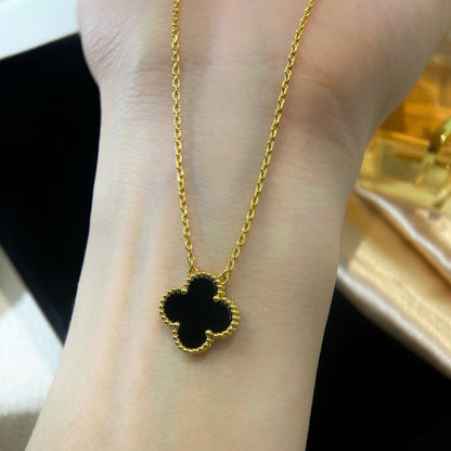 [Grace Jewelry]CLOVER 15MM BLACK ONYX SINGLE FLOWER NECKLACE