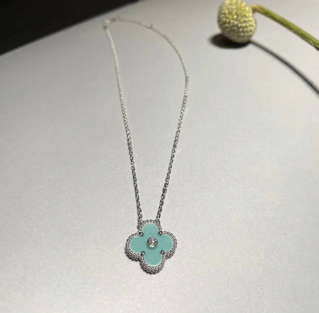 [Grace Jewelry]CLOVER 1 DIAMOND LIGHT BLUE SILVER NECKLACE